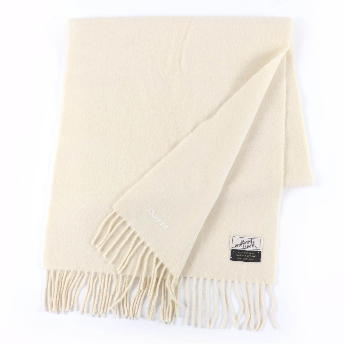 Hermes Recto Verso Cashmere Logo Embroidery with Fringe Scarf Ivory — view 2