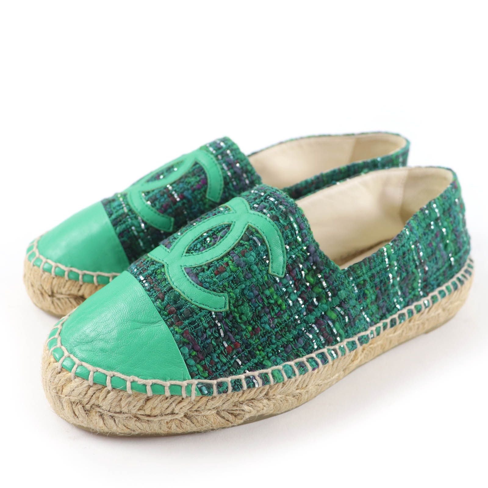 Chanel CC Logo Fabric Espadrilles Tweed Shoes Green
