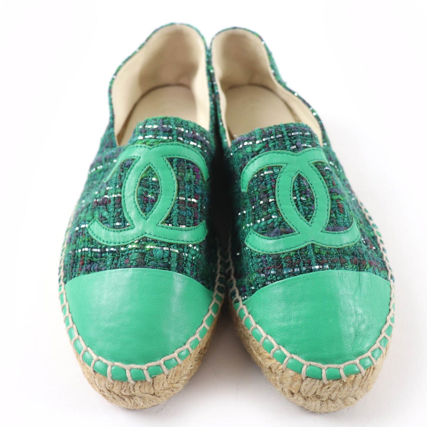 Chanel CC Logo Fabric Espadrilles Tweed Shoes Green — view 4