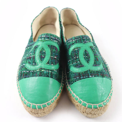 Chanel CC Logo Fabric Espadrilles Tweed Shoes Green — view 4