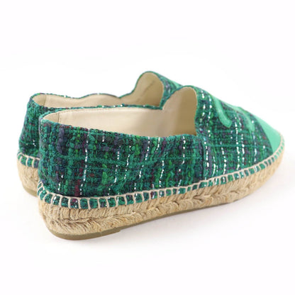 Chanel CC Logo Fabric Espadrilles Tweed Shoes Green — view 3