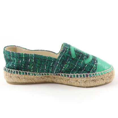 Chanel CC Logo Fabric Espadrilles Tweed Shoes Green — view 6