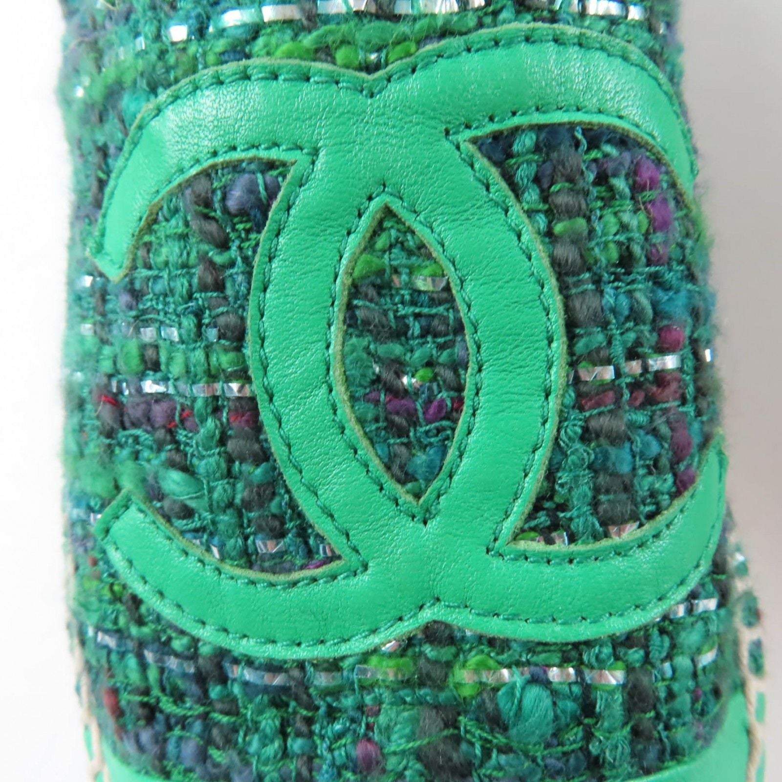 Chanel CC Logo Fabric Espadrilles Tweed Shoes Green — view 9