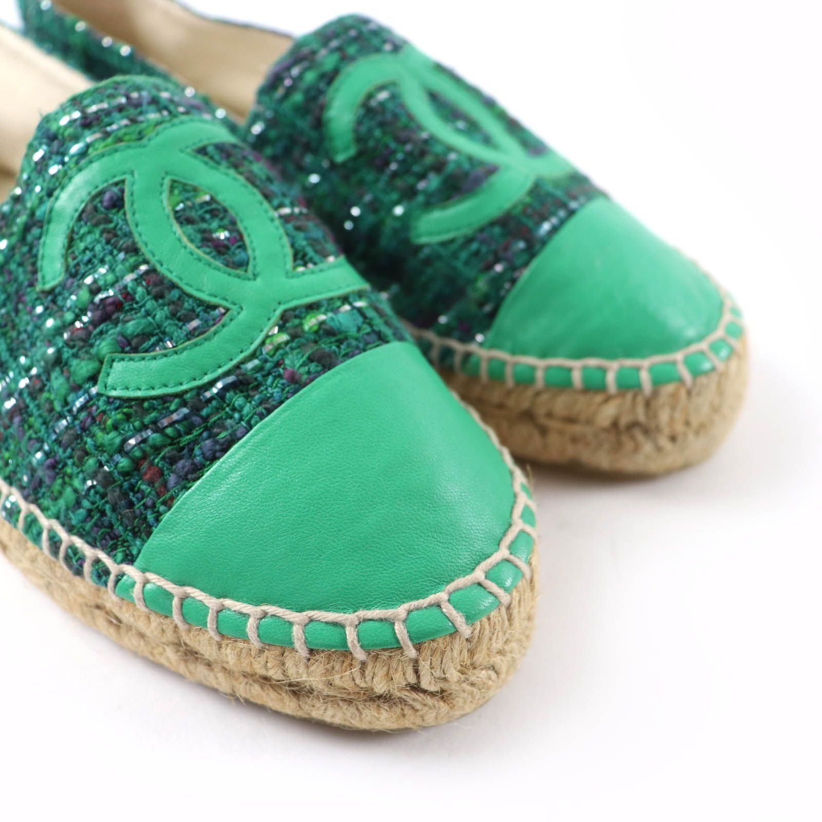 Chanel CC Logo Fabric Espadrilles Tweed Shoes Green — view 8