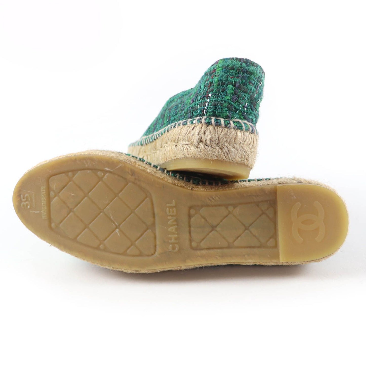 Chanel CC Logo Fabric Espadrilles Tweed Shoes Green — view 7