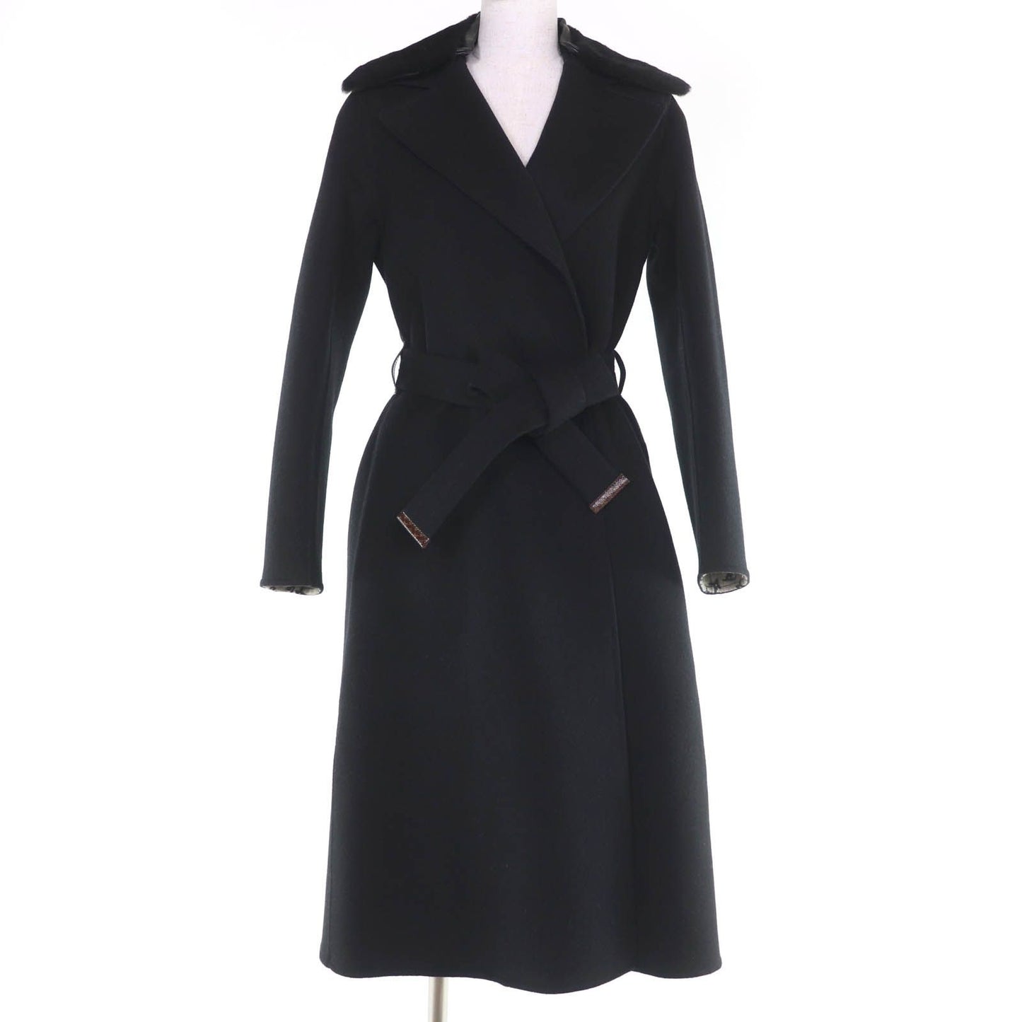 Louis Vuitton Wool Silk Blend Collar Lamb Monogram Belt Wrap Coat Black 32