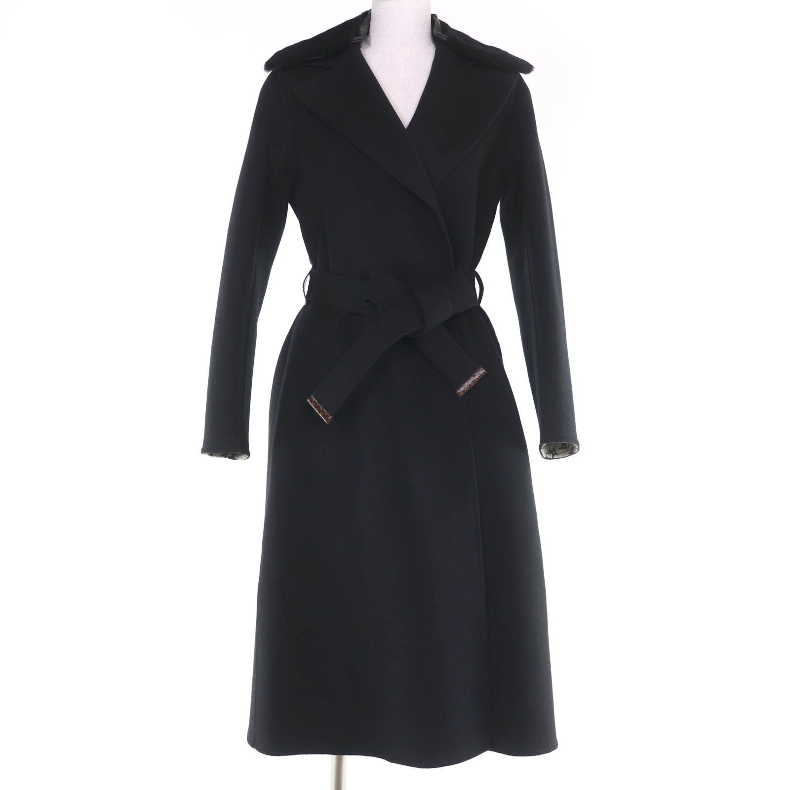 Louis Vuitton Wool Silk Blend Collar Lamb Monogram Belt Wrap Coat Black 32