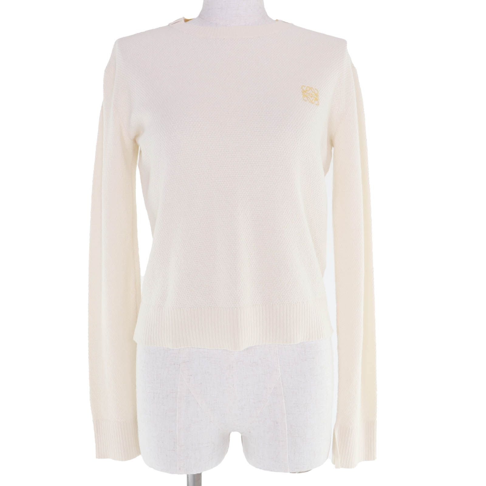 Loewe Wool Cotton Anagram Embroidery Long Sleeve Knit Top Ivory XS Sweater