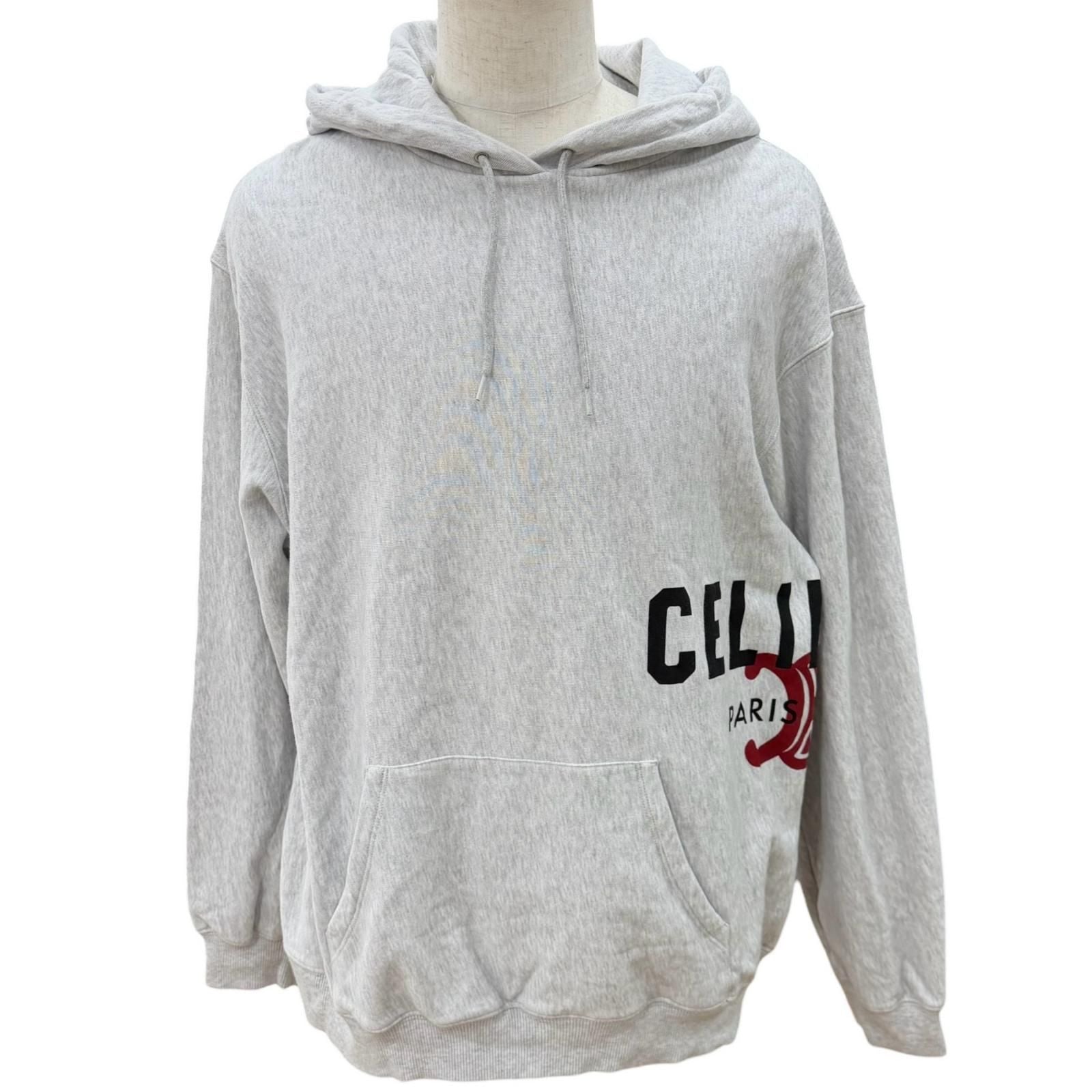 Celine Logo Print Cotton Fleece Pullover Hoodie Light Gray