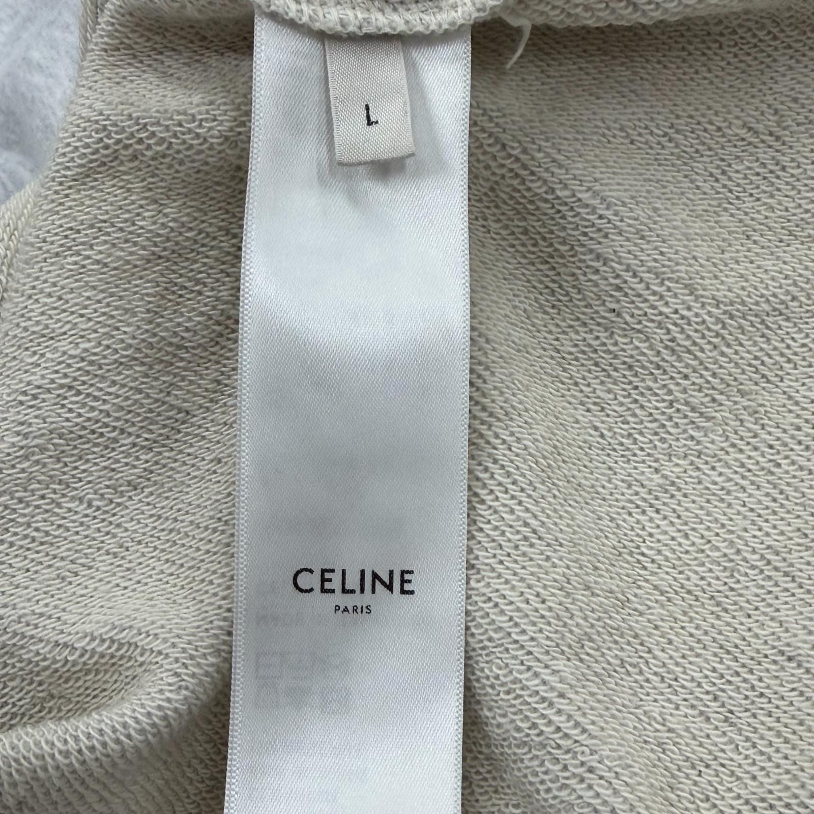 Celine Logo Print Cotton Fleece Pullover Hoodie Light Gray — view 7