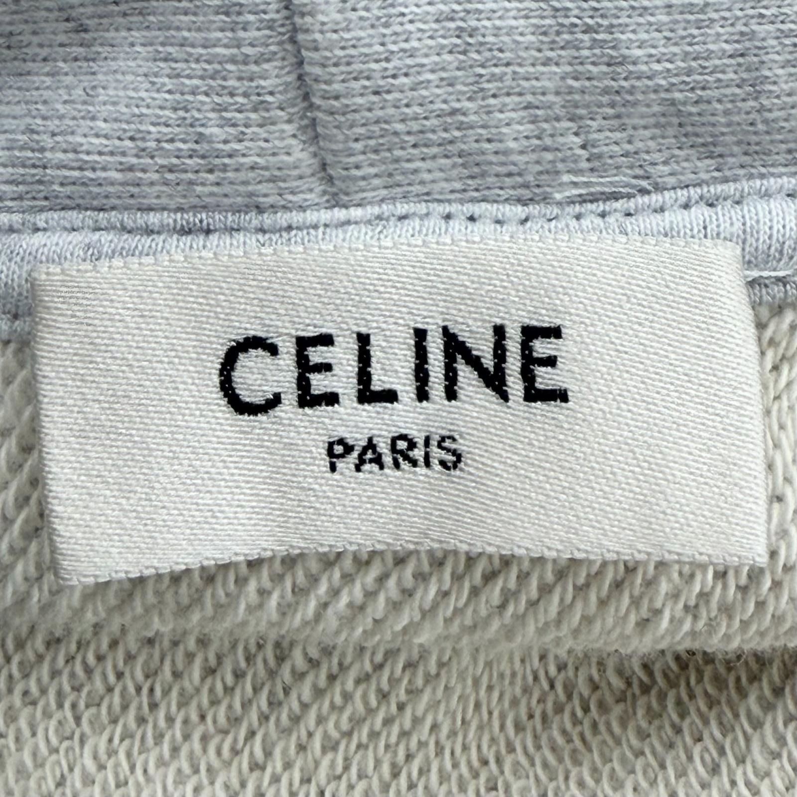 Celine Logo Print Cotton Fleece Pullover Hoodie Light Gray — view 6