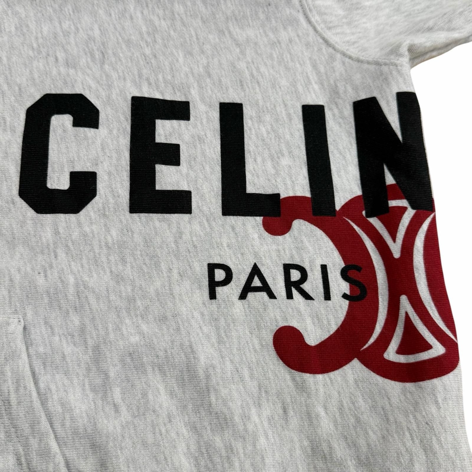 Celine Logo Print Cotton Fleece Pullover Hoodie Light Gray — view 5