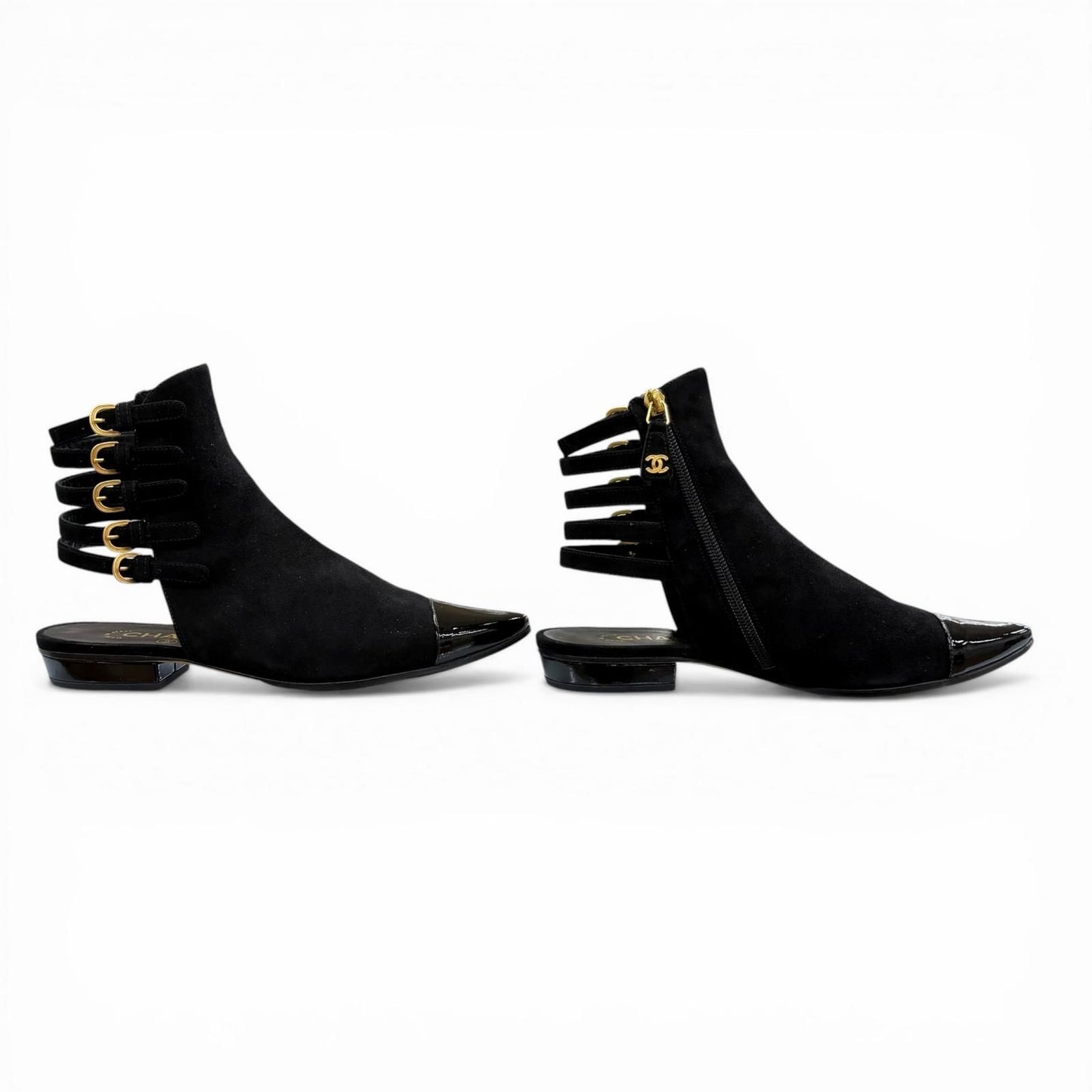 Chanel CC Logo Side Zip Patent Use Suede Ankle Boots Black Gold — view 4