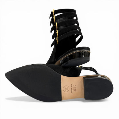 Chanel CC Logo Side Zip Patent Use Suede Ankle Boots Black Gold — view 8