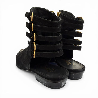 Chanel CC Logo Side Zip Patent Use Suede Ankle Boots Black Gold — view 6