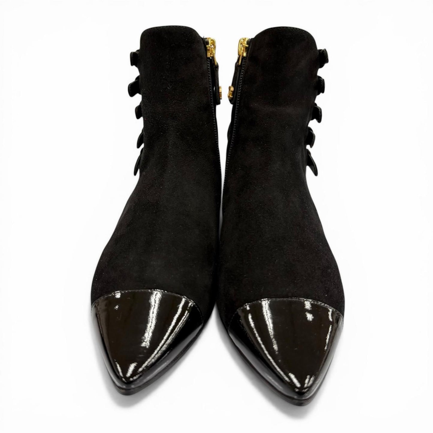 Chanel CC Logo Side Zip Patent Use Suede Ankle Boots Black Gold — view 7
