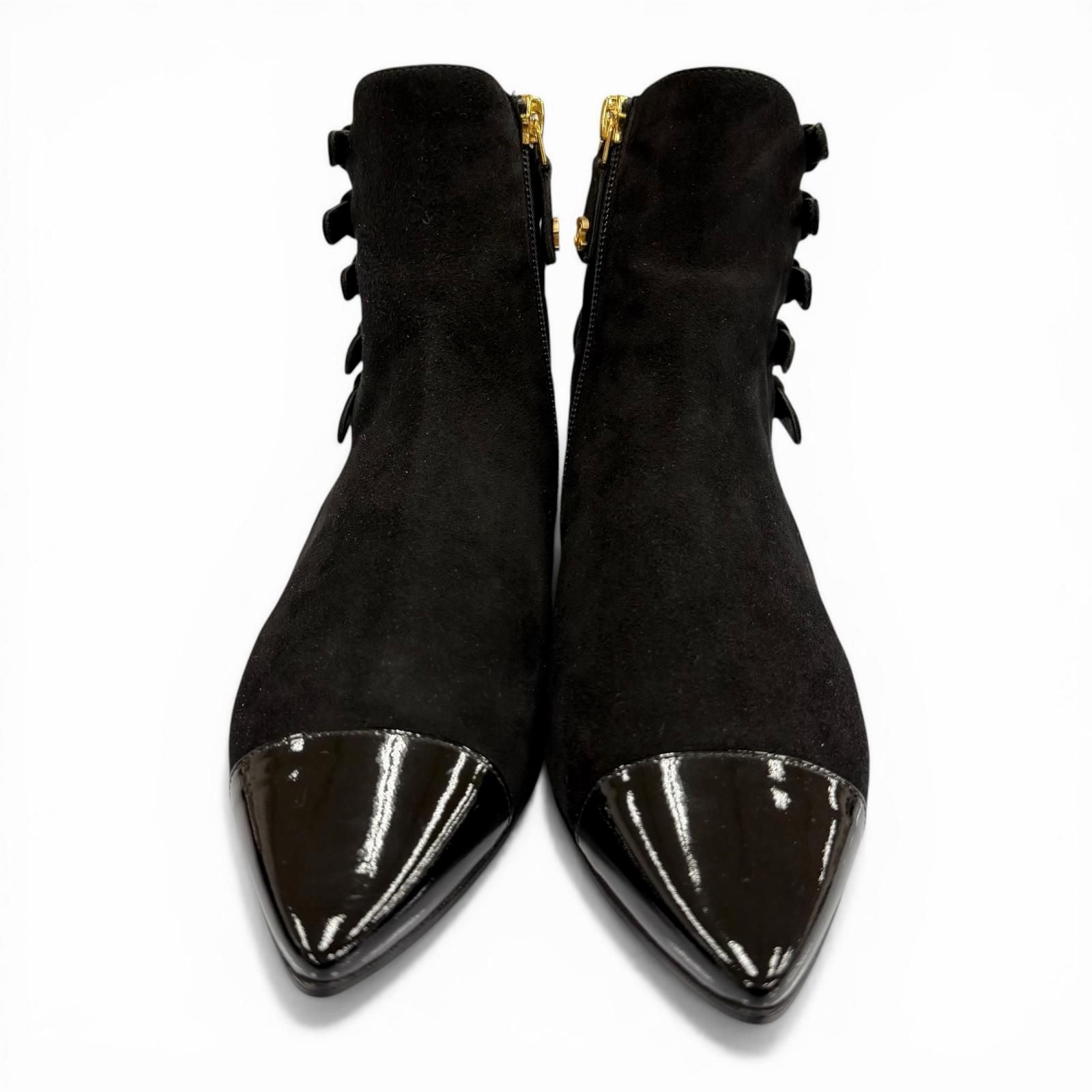 Chanel CC Logo Side Zip Patent Use Suede Ankle Boots Black Gold — view 7