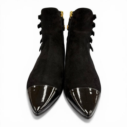Chanel CC Logo Side Zip Patent Use Suede Ankle Boots Black Gold — view 7
