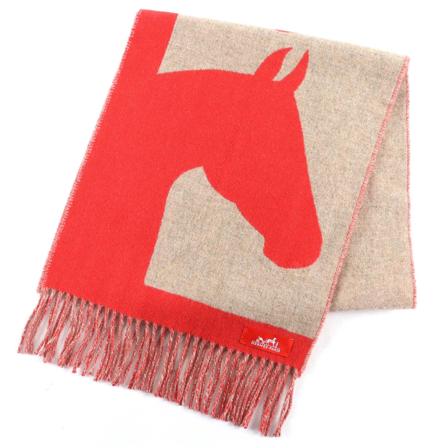 Hermes Love Story Cashmere Ecalato Beige Fringe Scarf Red