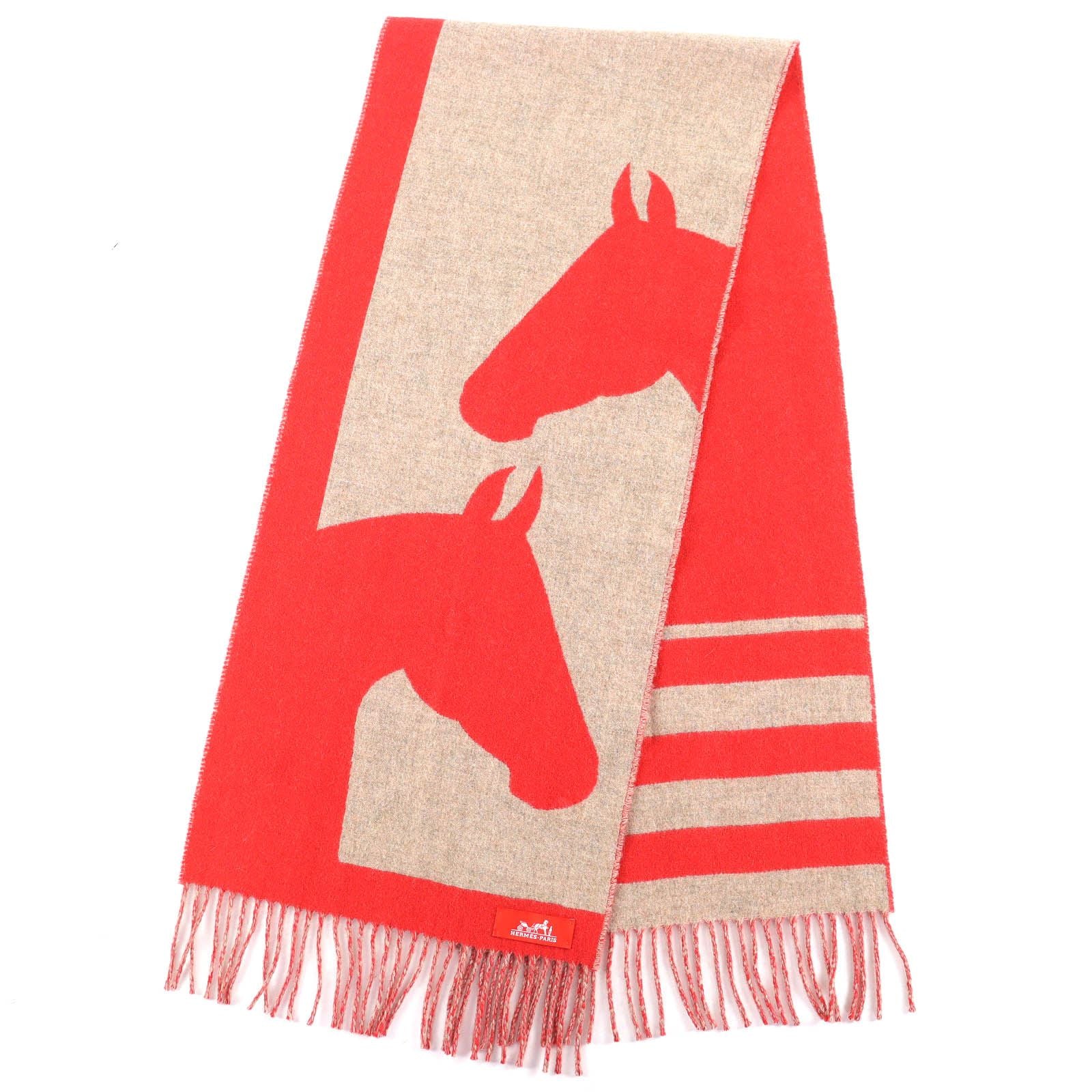 Hermes Love Story Cashmere Ecalato Beige Fringe Scarf Red — view 2