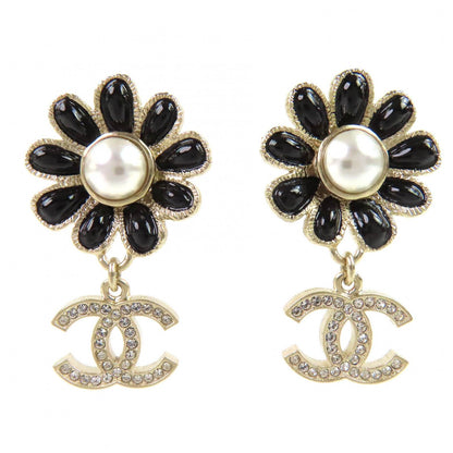 Chanel CC Logo Flower Line Stone Faux Pearl Swing Earrings for Both Ears Gold