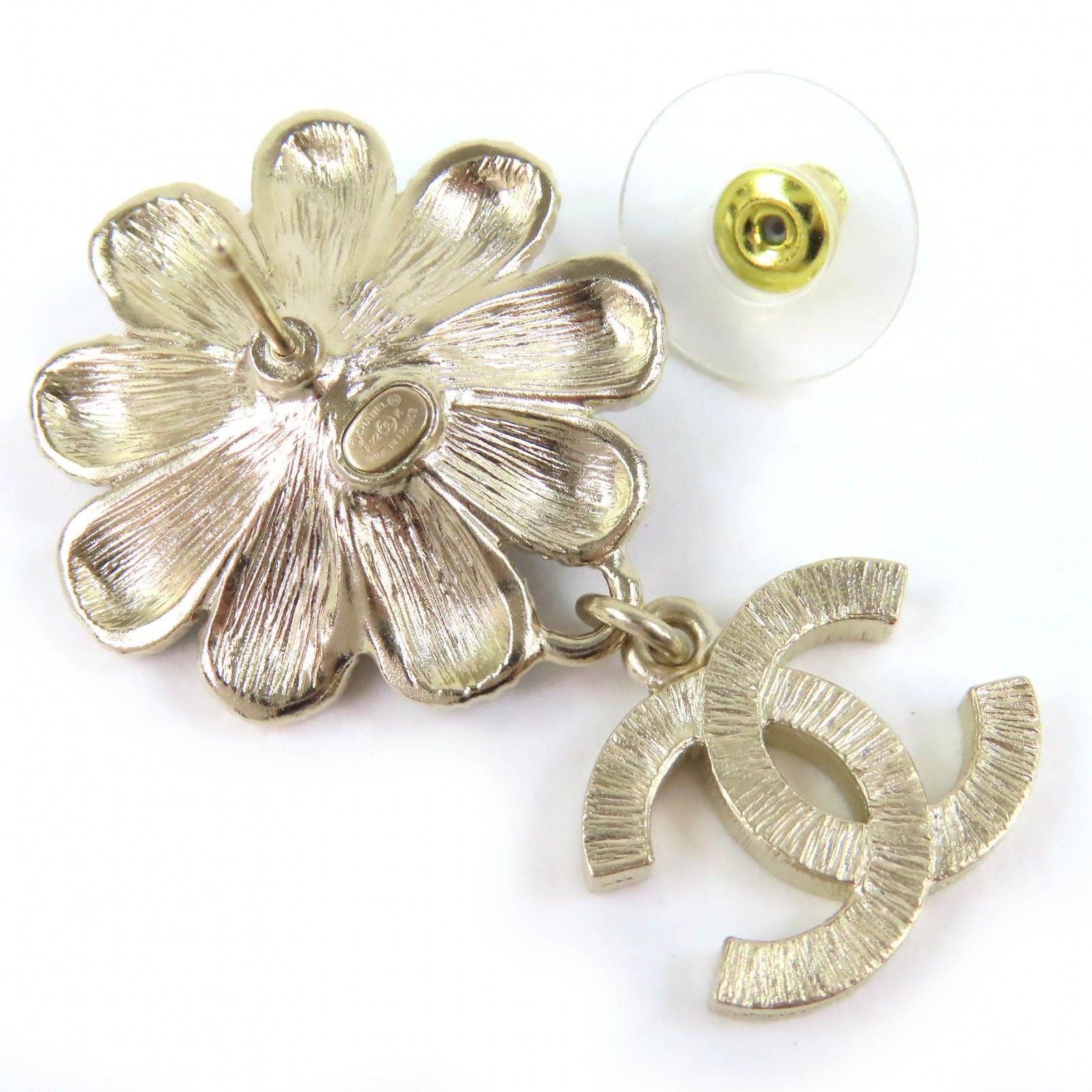 Chanel CC Logo Flower Line Stone Faux Pearl Swing Earrings for Both Ears Gold — view 4