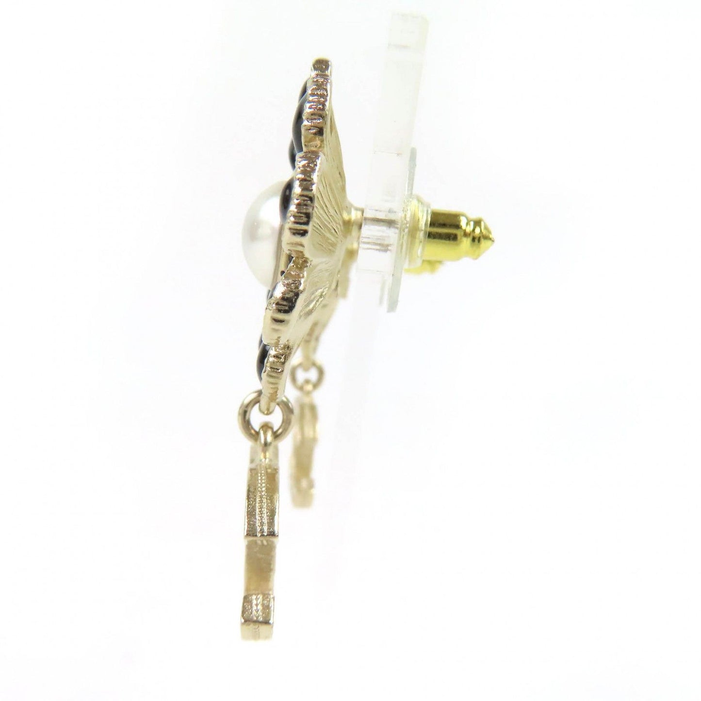 Chanel CC Logo Flower Line Stone Faux Pearl Swing Earrings for Both Ears Gold — view 2