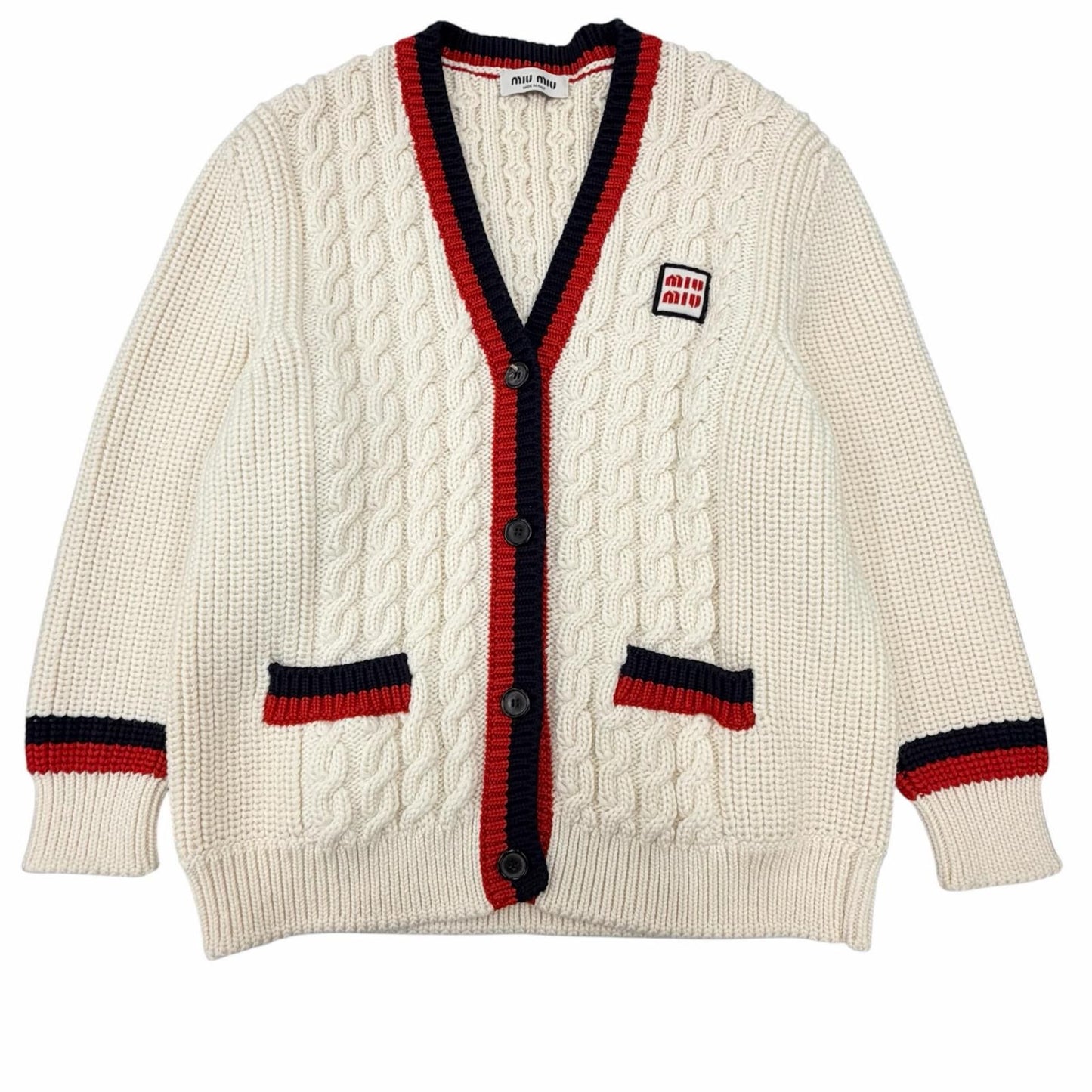 Miu Miu Wool Logo Patch Cable Knit Cardigan Ivory 36 Hanger