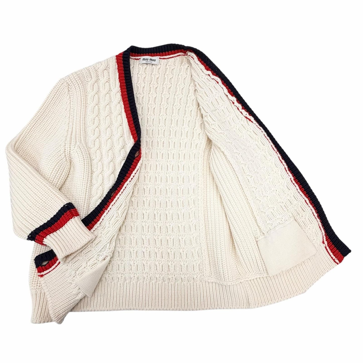 Miu Miu Wool Logo Patch Cable Knit Cardigan Ivory 36 Hanger — view 4