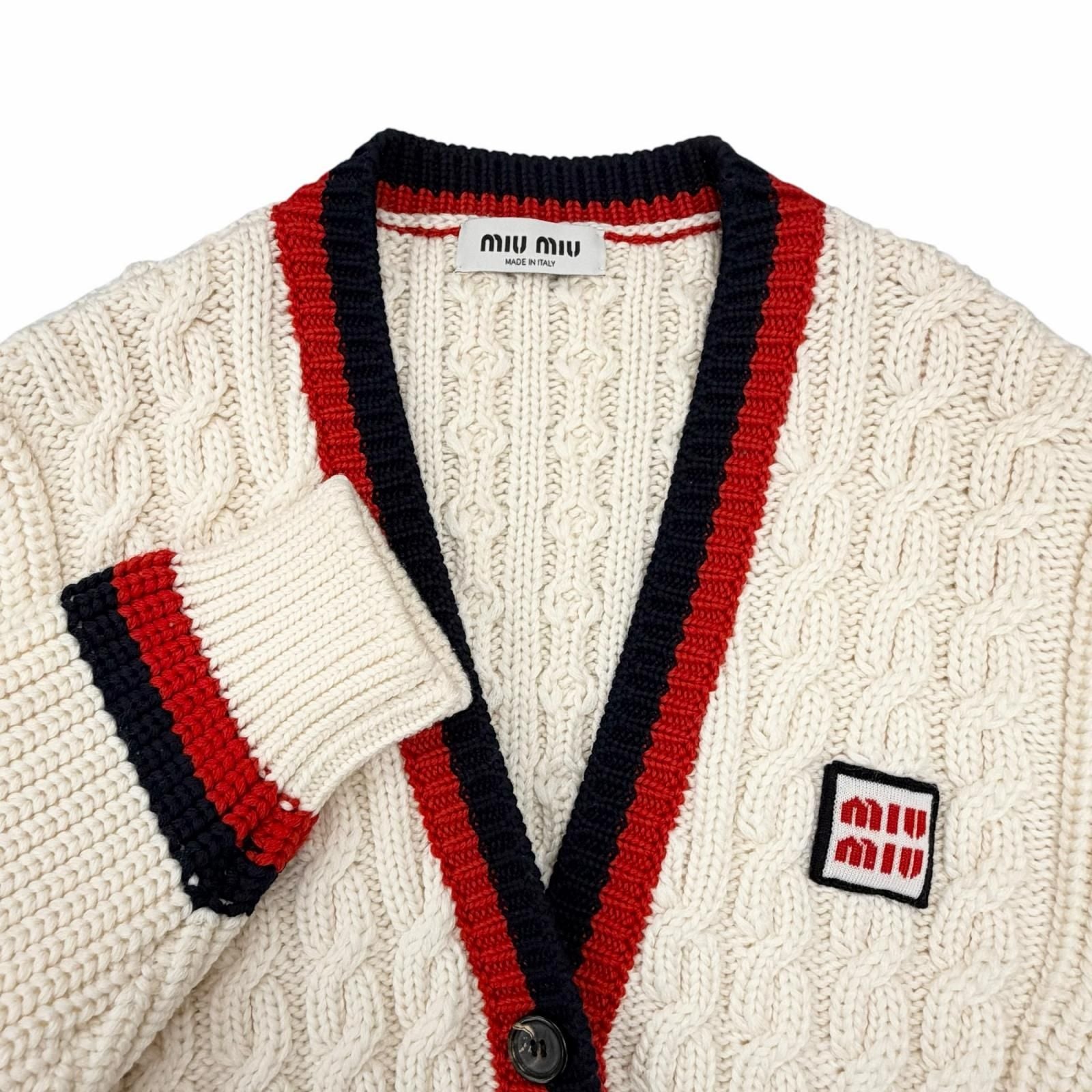 Miu Miu Wool Logo Patch Cable Knit Cardigan Ivory 36 Hanger — view 3