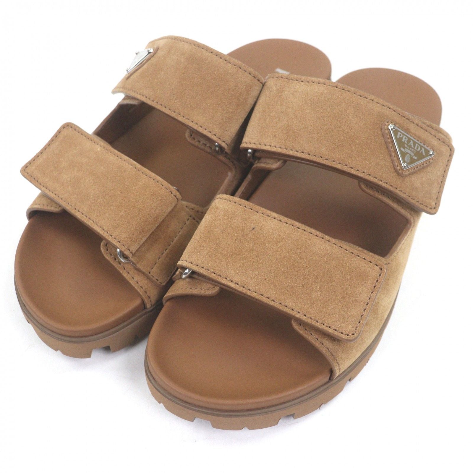 Prada Suede Leather Triangle Logo Slide Sandals Shower Brown 7