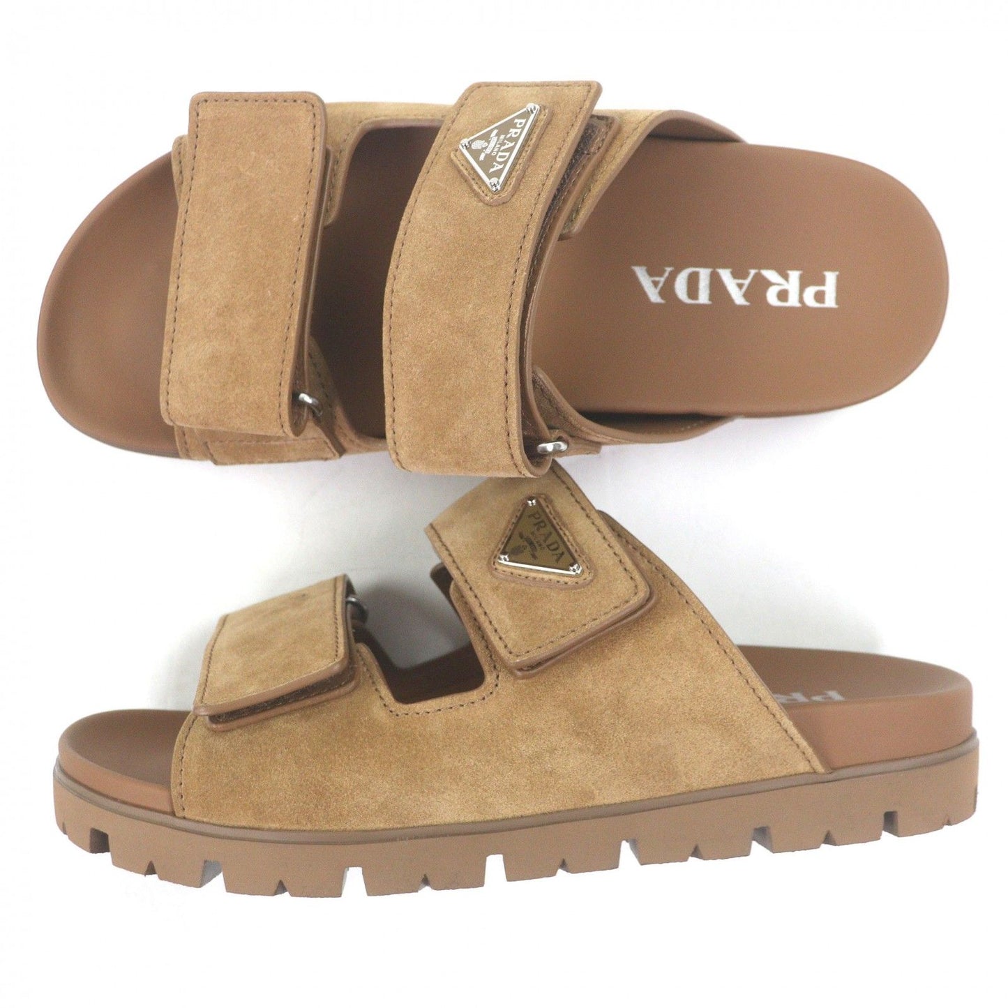 Prada Suede Leather Triangle Logo Slide Sandals Shower Brown 7 — view 4
