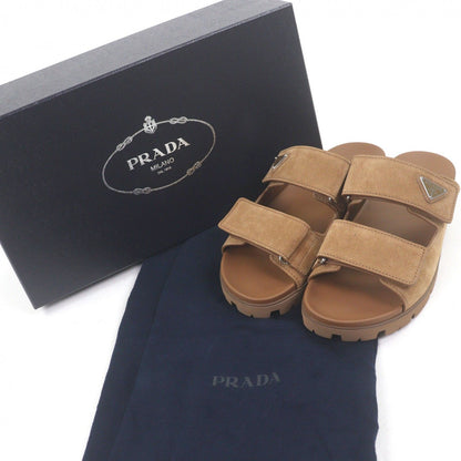 Prada Suede Leather Triangle Logo Slide Sandals Shower Brown 7 — view 2