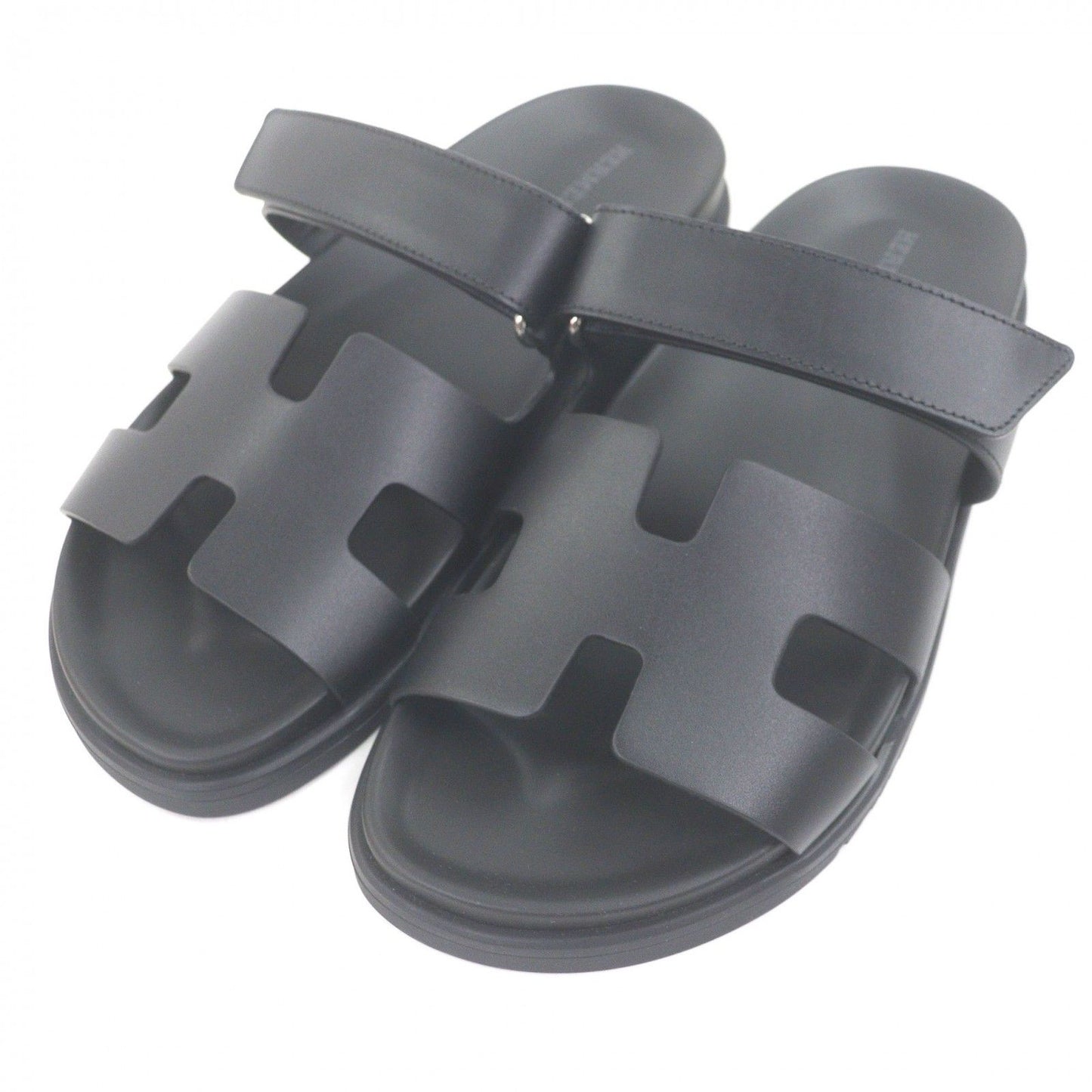 Hermes Chypre Leather Logo Motif Slide Sandals Shower Black