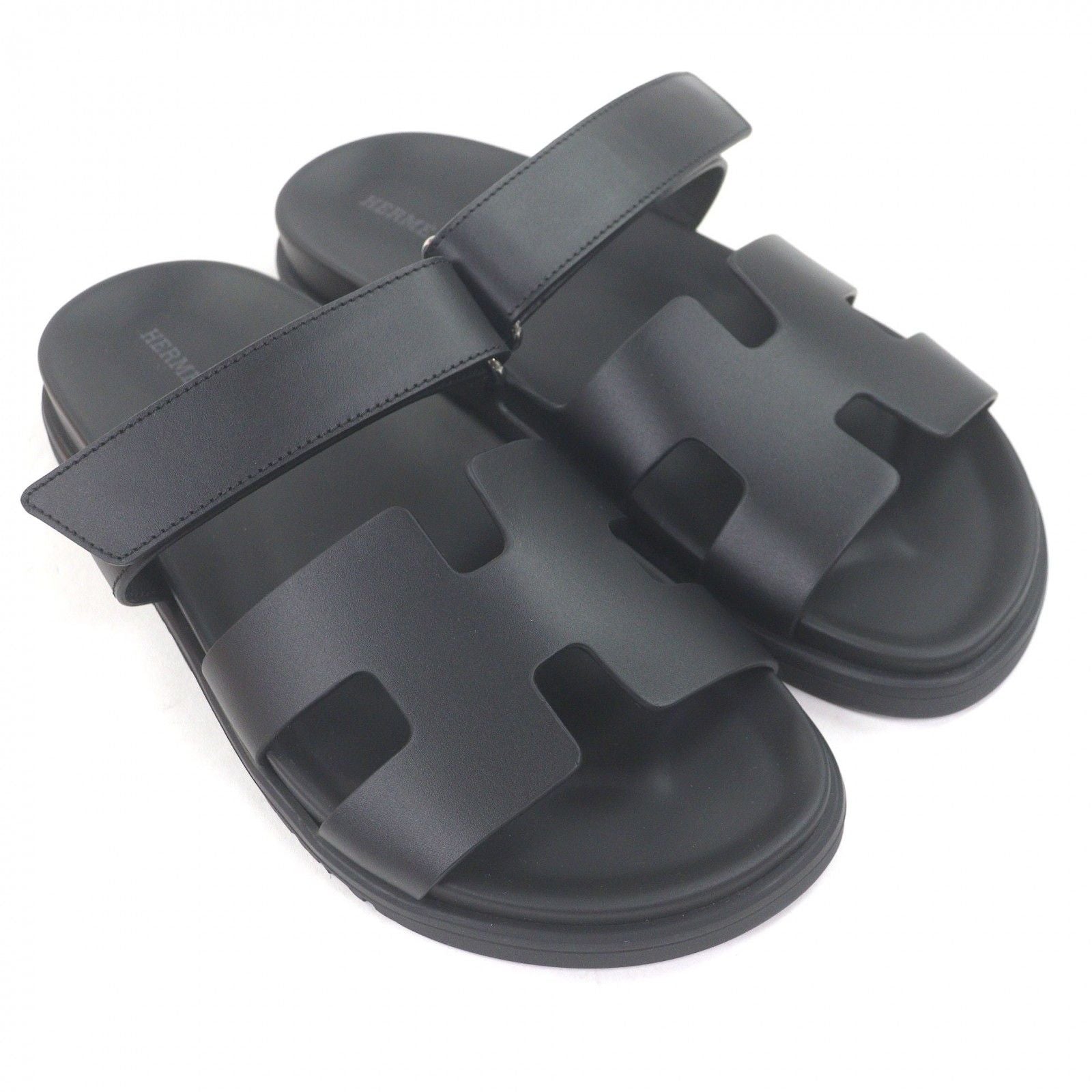 Hermes Chypre Leather Logo Motif Slide Sandals Shower Black — view 3