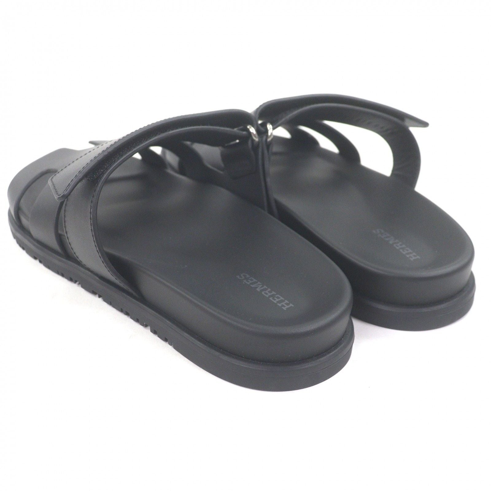 Hermes Chypre Leather Logo Motif Slide Sandals Shower Black — view 6