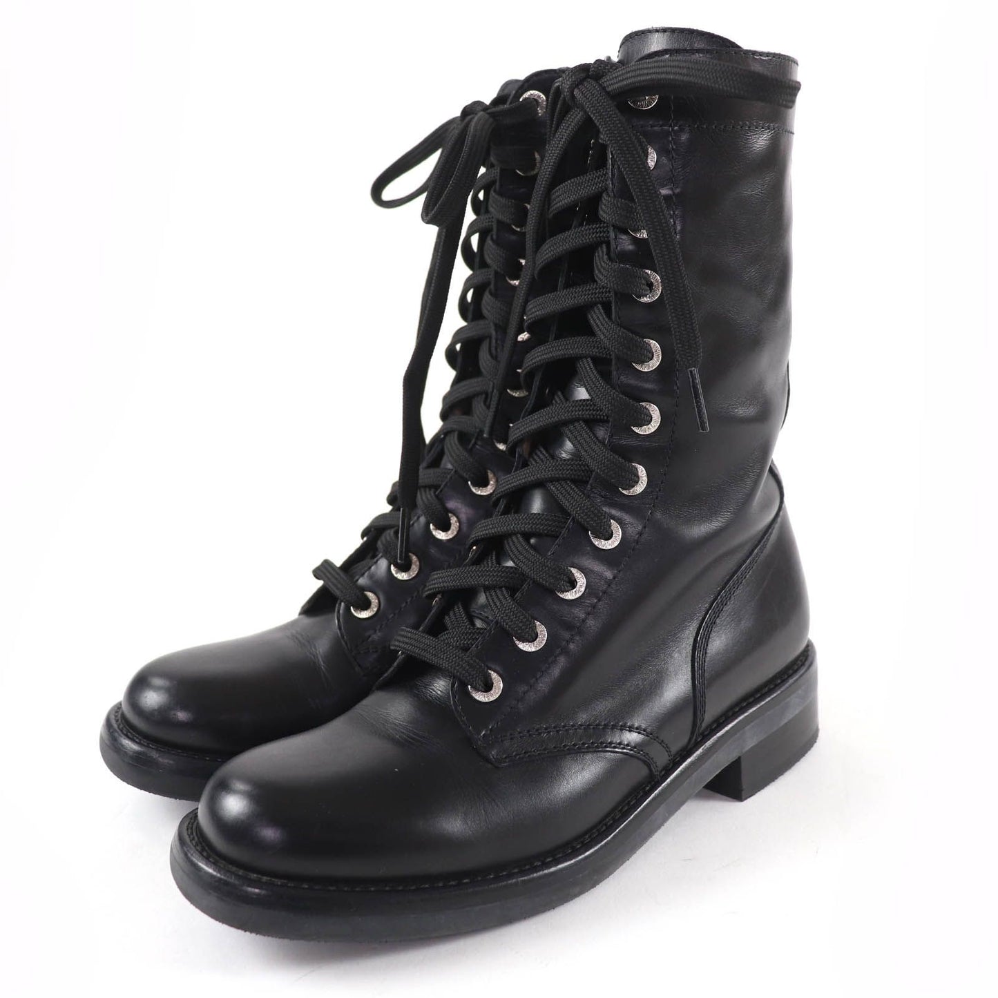 Chanel CC Logo Lace Up Leather Short Boots Black