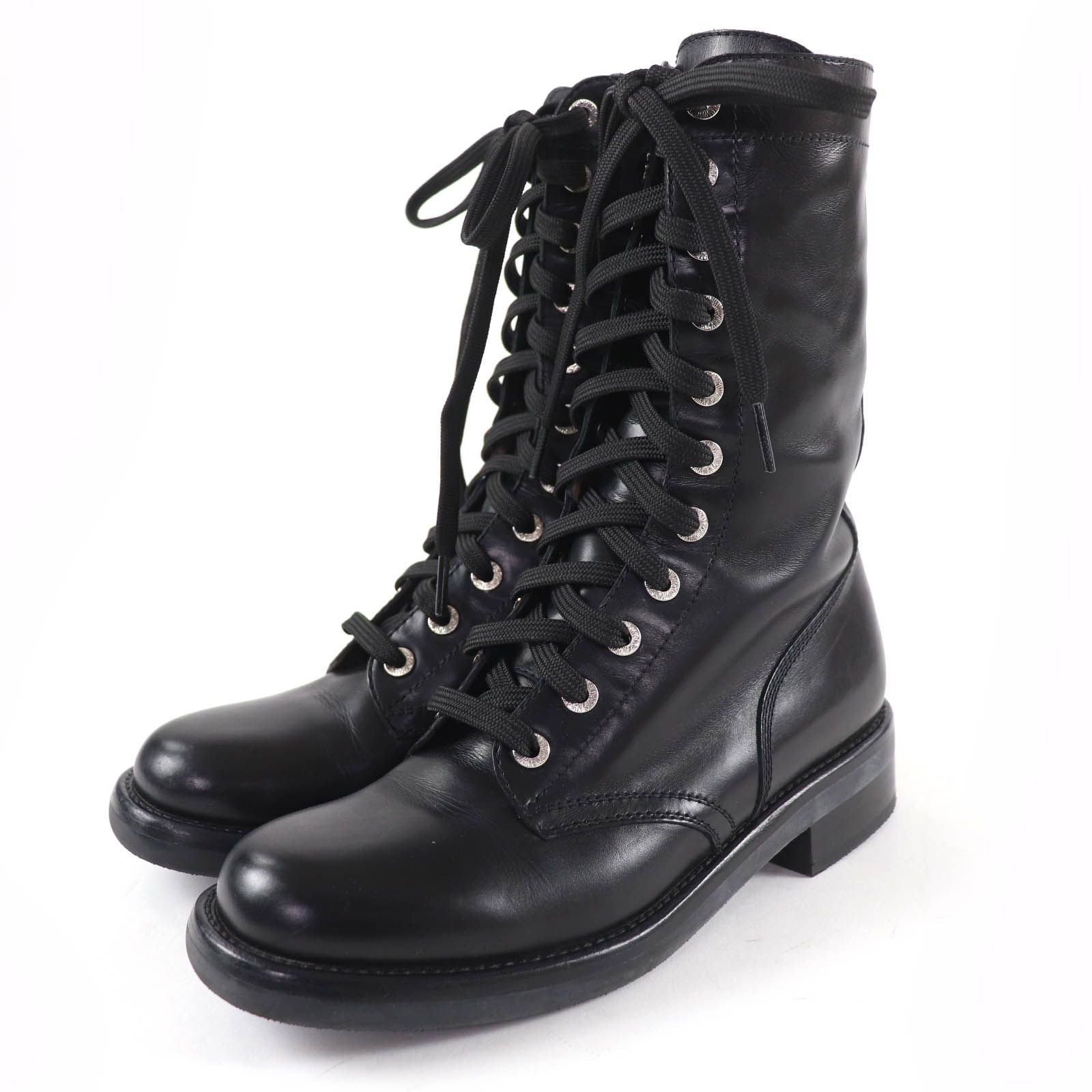 Chanel CC Logo Lace Up Leather Short Boots Black
