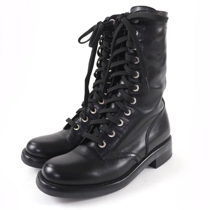 Chanel CC Logo Lace Up Leather Short Boots Black