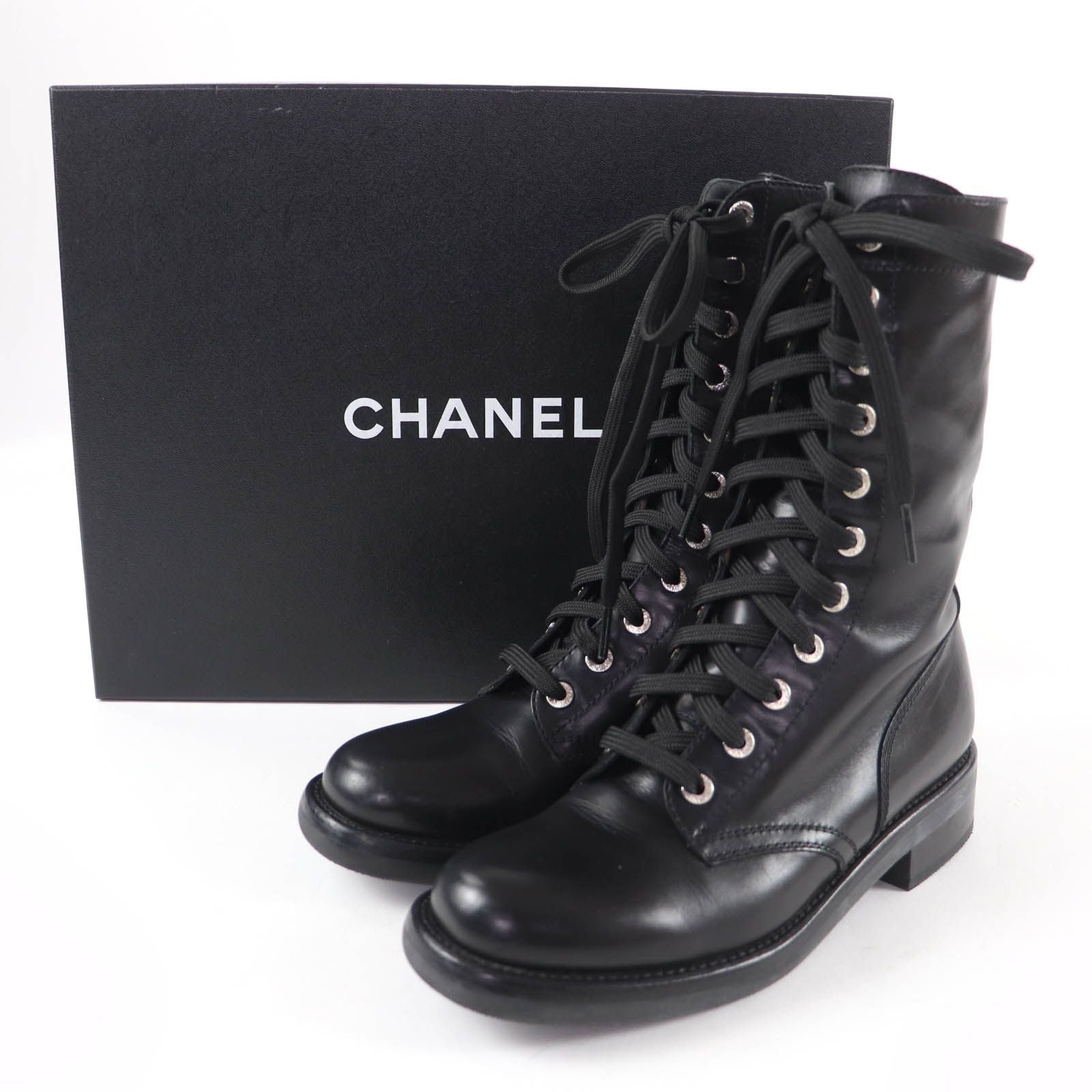 Chanel CC Logo Lace Up Leather Short Boots Black — view 2