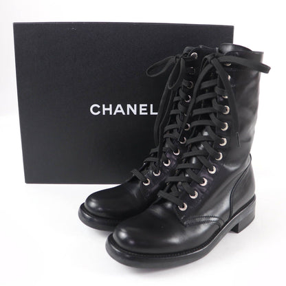 Chanel CC Logo Lace Up Leather Short Boots Black — view 2