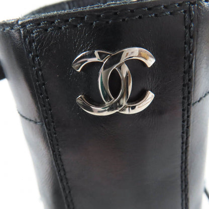 Chanel CC Logo Lace Up Leather Short Boots Black — view 9