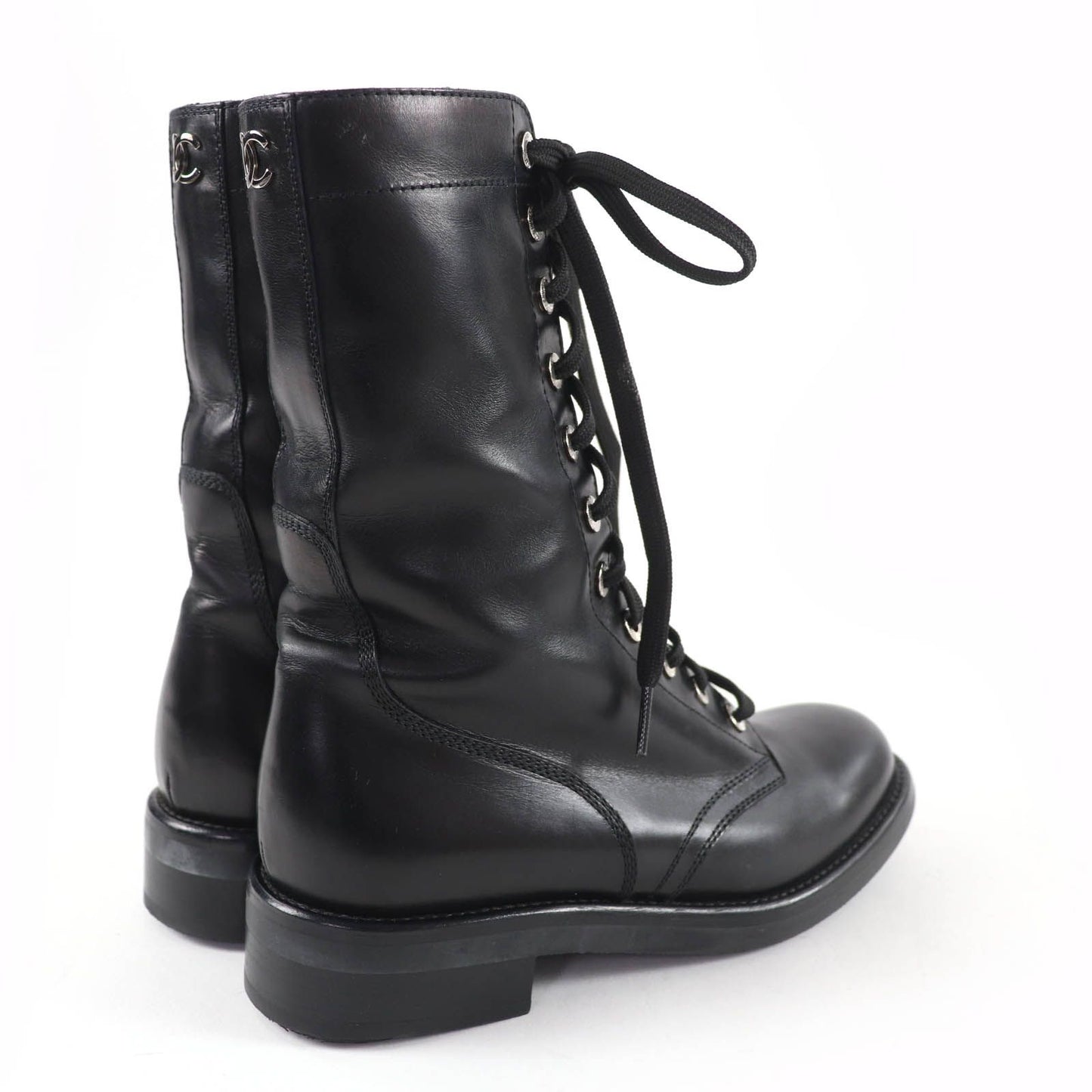 Chanel CC Logo Lace Up Leather Short Boots Black — view 3