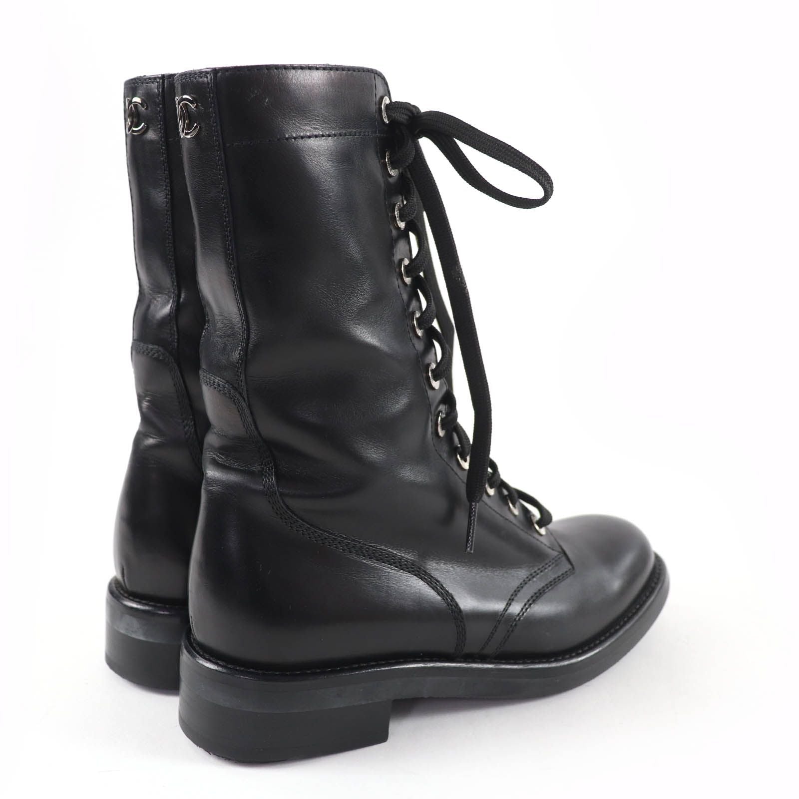 Chanel CC Logo Lace Up Leather Short Boots Black — view 3