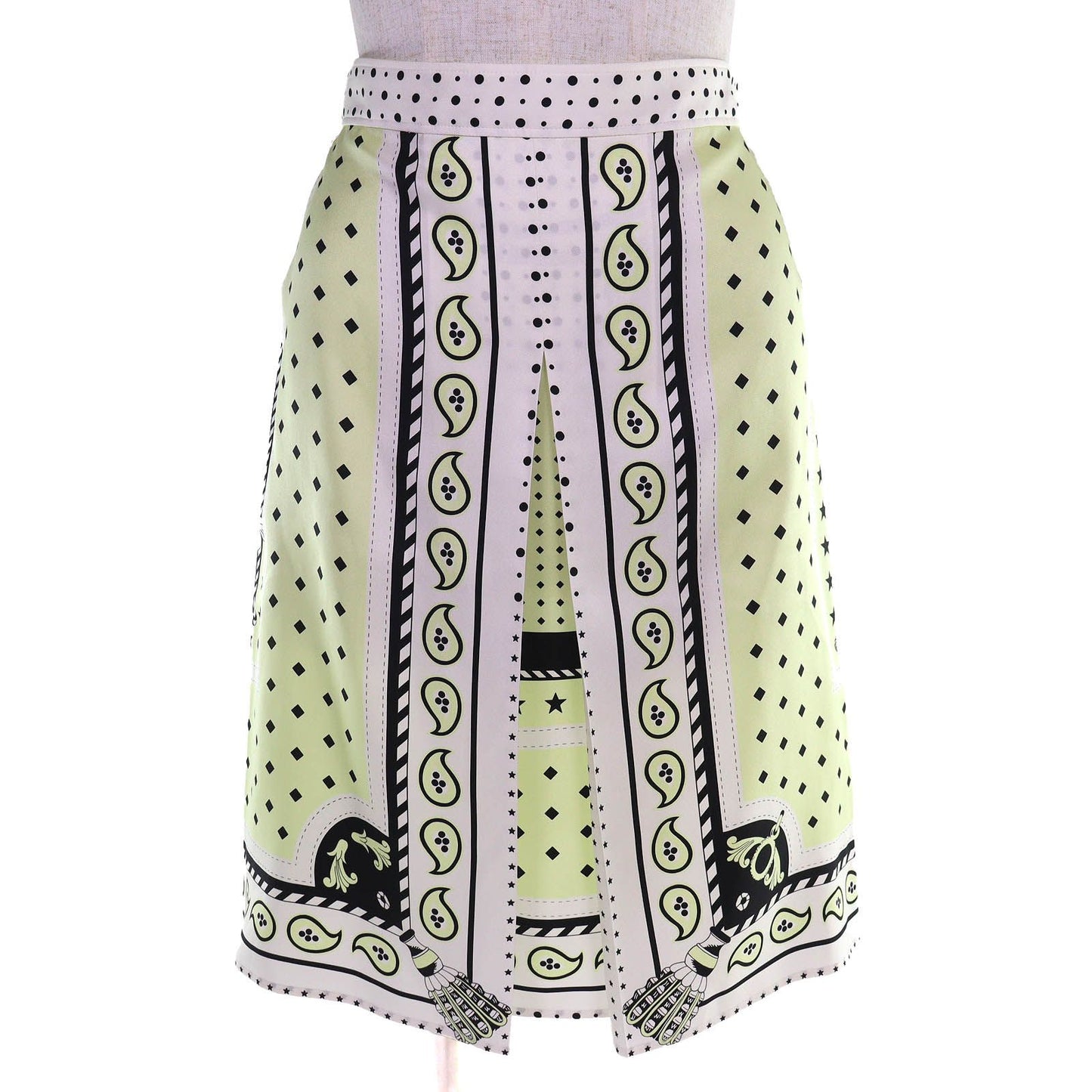 Hermes Harnais de Cour Silk 100% Twill Skirt White Yellow Green Black 36