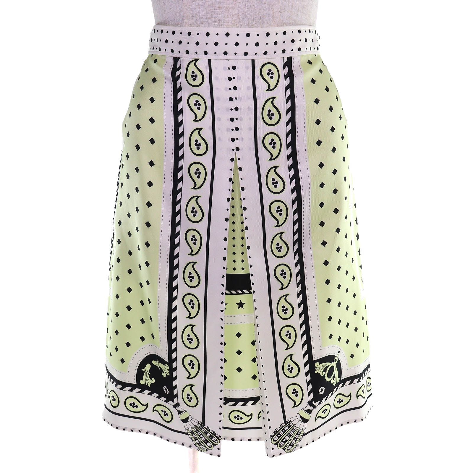 Hermes Harnais de Cour Silk 100% Twill Skirt White Yellow Green Black 36
