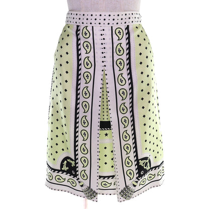Hermes Harnais de Cour Silk 100% Twill Skirt White Yellow Green Black 36