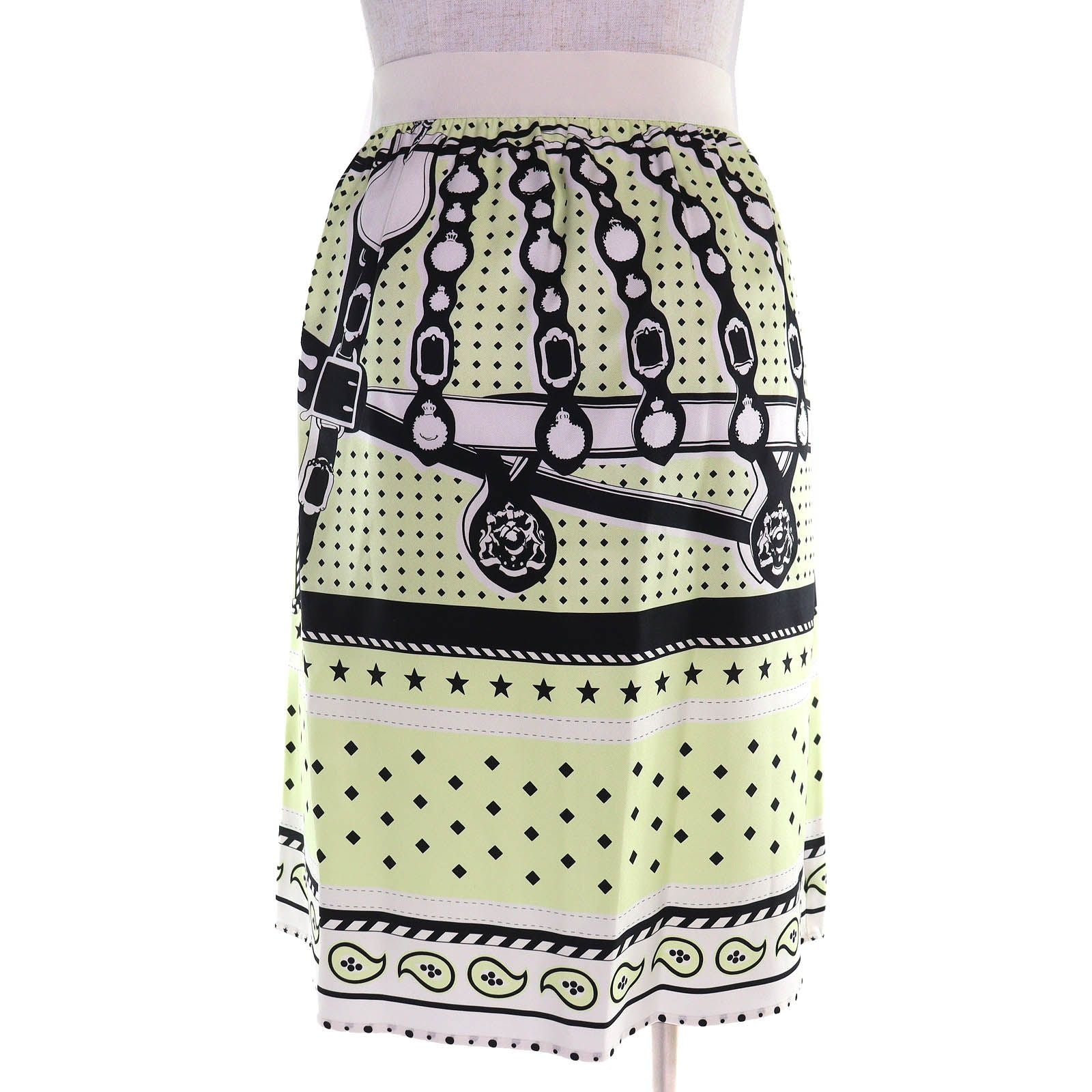 Hermes Harnais de Cour Silk 100% Twill Skirt White Yellow Green Black 36 — view 3