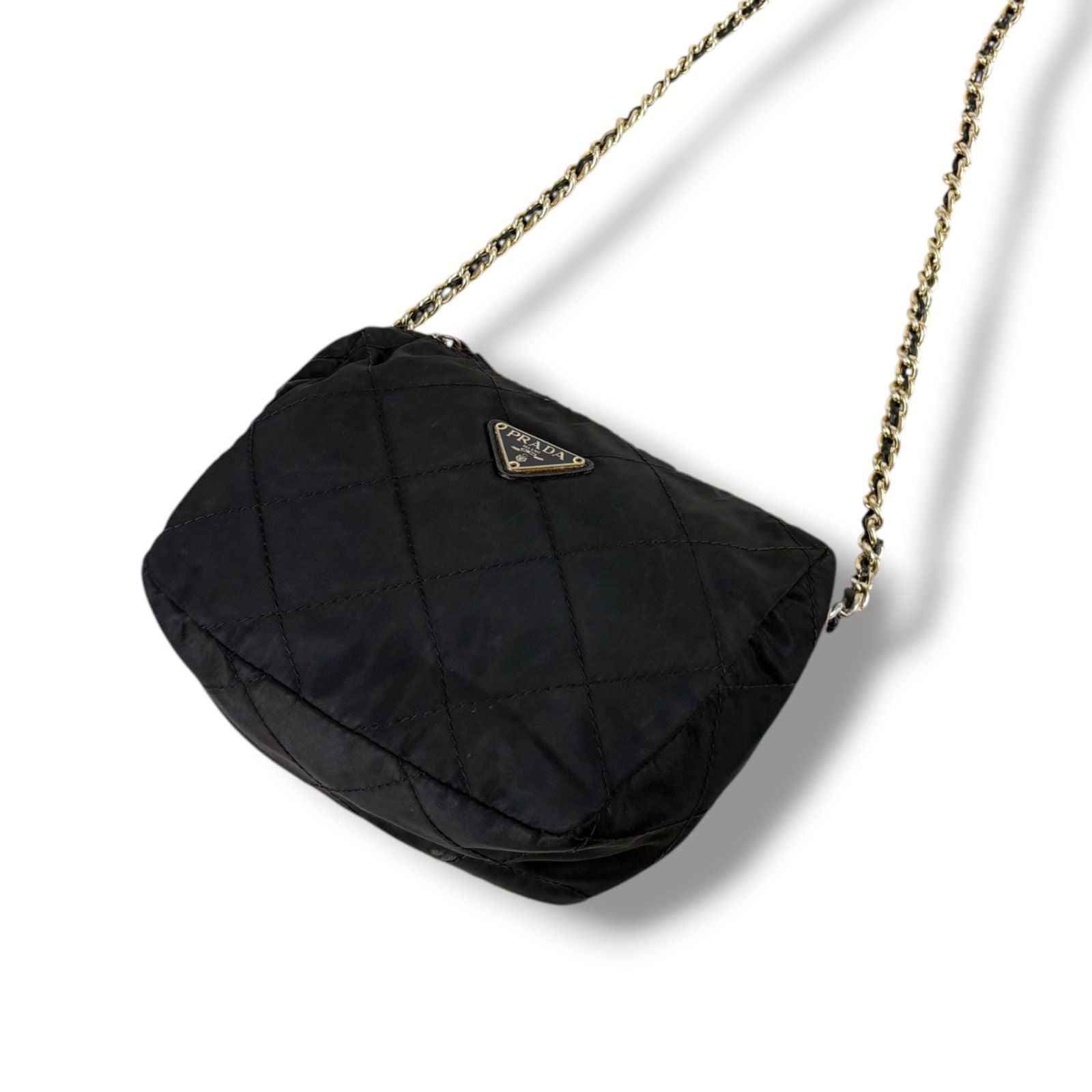Prada Quilted Processing Triangle Logo Chain Shoulder Bag Pochette Black
