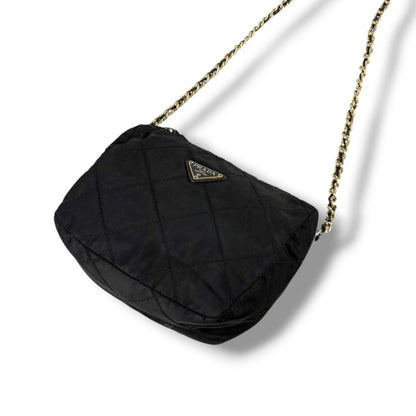 Prada Quilted Processing Triangle Logo Chain Shoulder Bag Pochette Black